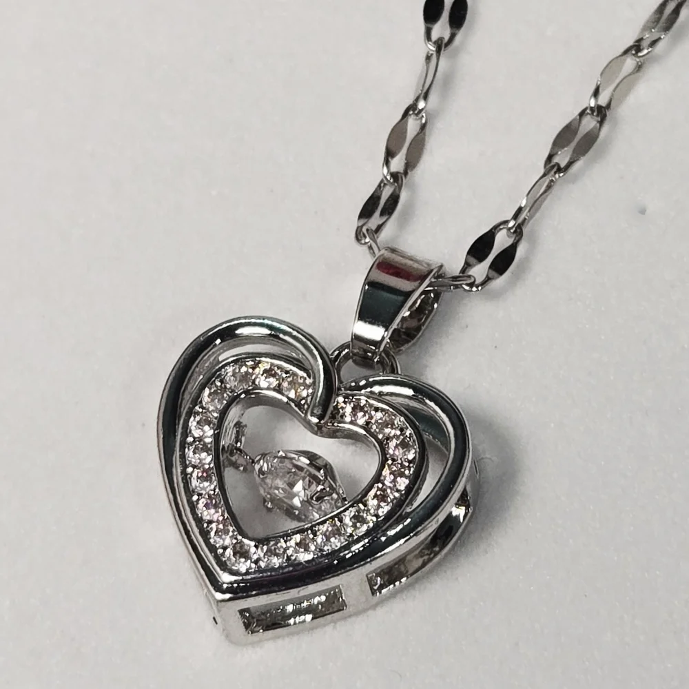 Silver Double Heart CZ Pendant Necklace – Stainless Steel Classy Elegant Minimal